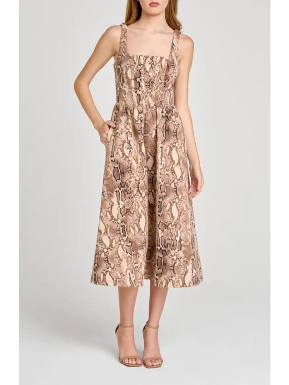 Wayf Savanna Snakeskin Print A-Line Dress Brown Python Pocket Size M NWT